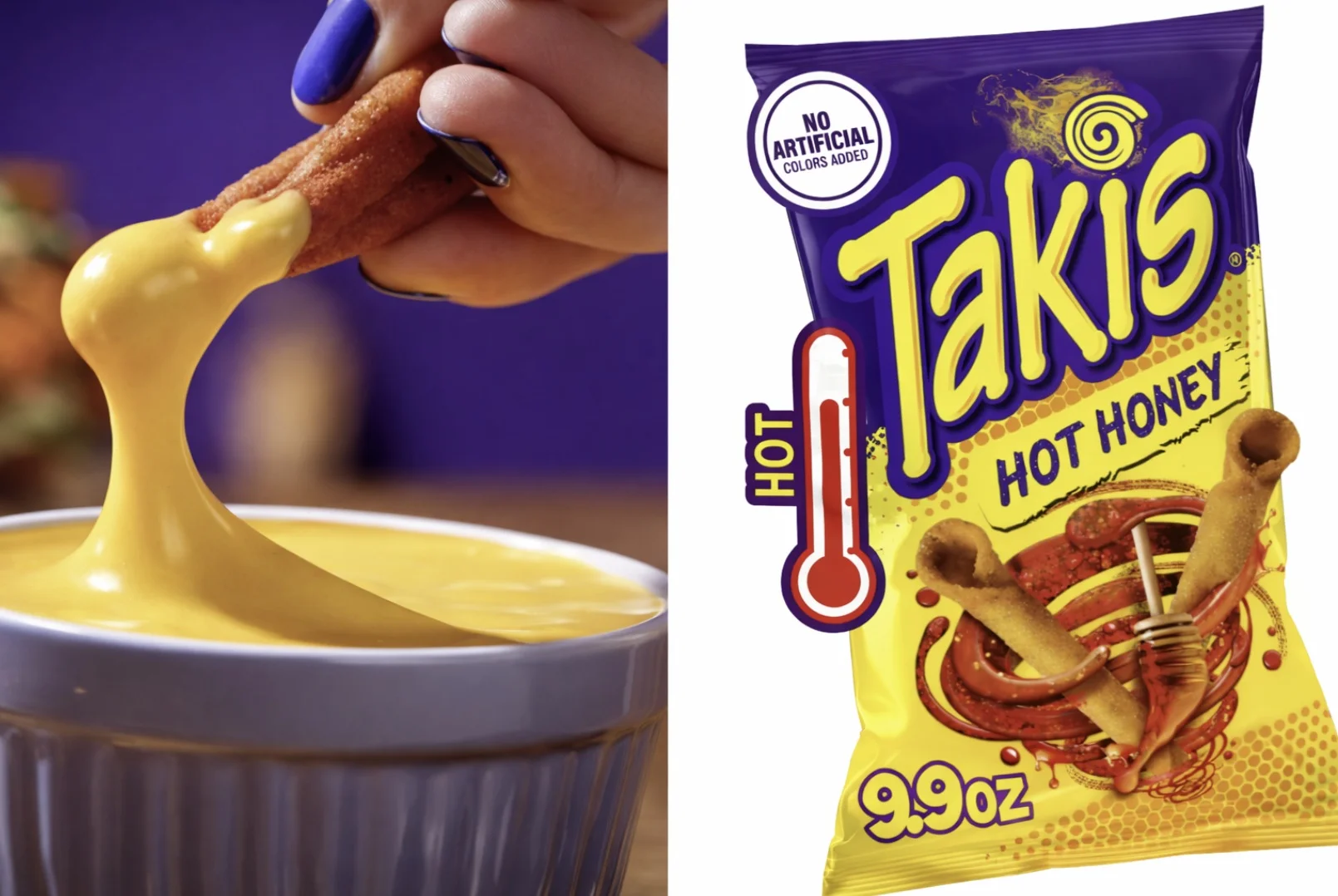 Composição dividida mostrando uma mão mergulhando um Takis em queijo e uma renderização do saco Takis Hot Honey.Uma imagem dividida. O lado esquerdo mostra uma mão com unhas azuis mergulhando um Takis enrolado em uma tigela de queijo cremoso derretido. O lado direito é uma renderização do saco Takis Hot Honey de 9,9 onças, completo com o logotipo, gráfico de calor e um rótulo "Sem Corantes Artificiais".