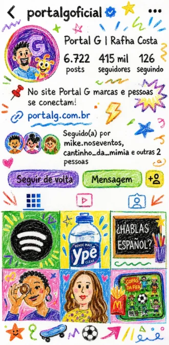 Uma ilustração de desenho à mão colorida e vibrante de um perfil do Instagram, reinterpretação artística de "portalgoficial".