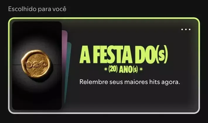 Card promocional do Spotify com o título "A FESTA DO(s) (20) ANO(s)" em verde limão sobre fundo escuro.