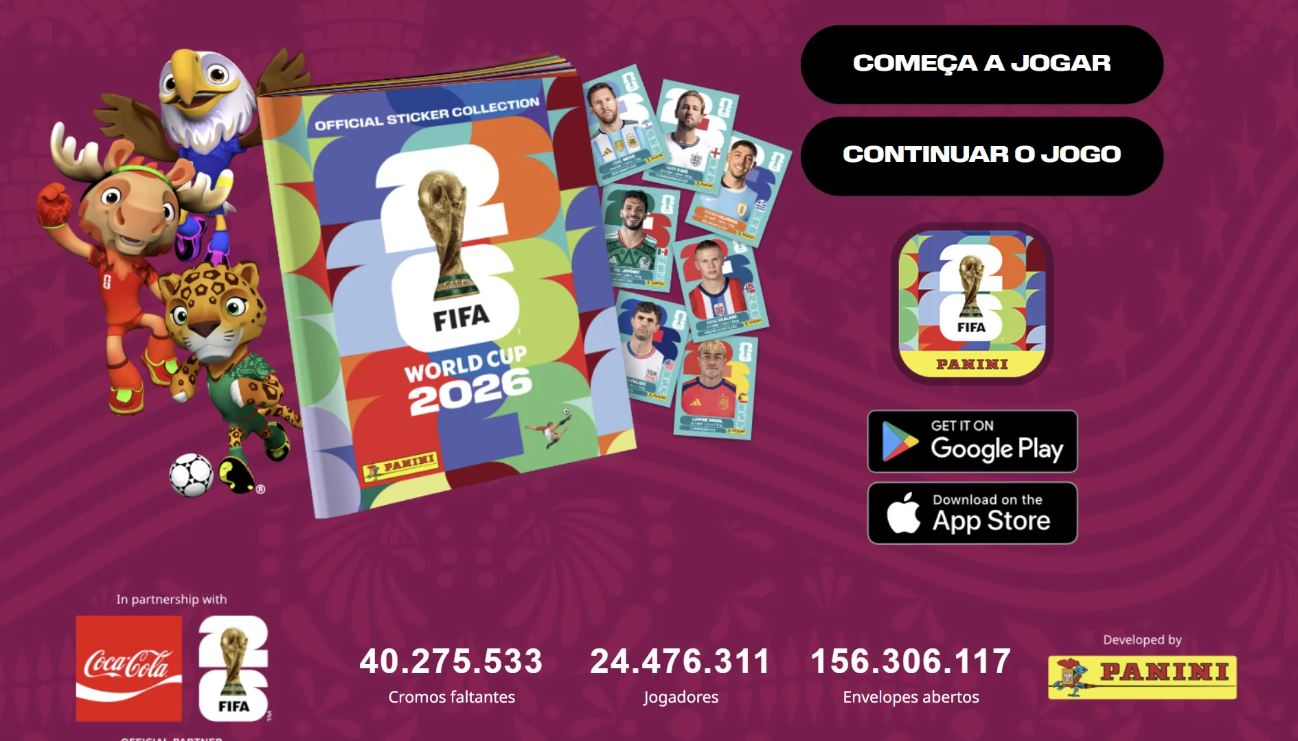 Tela inicial do aplicativo do Álbum Virtual Panini da Copa do Mundo FIFA 2026, mostrando o álbum digital, figurinhas de jogadores e botões para iniciar ou continuar o jogo.