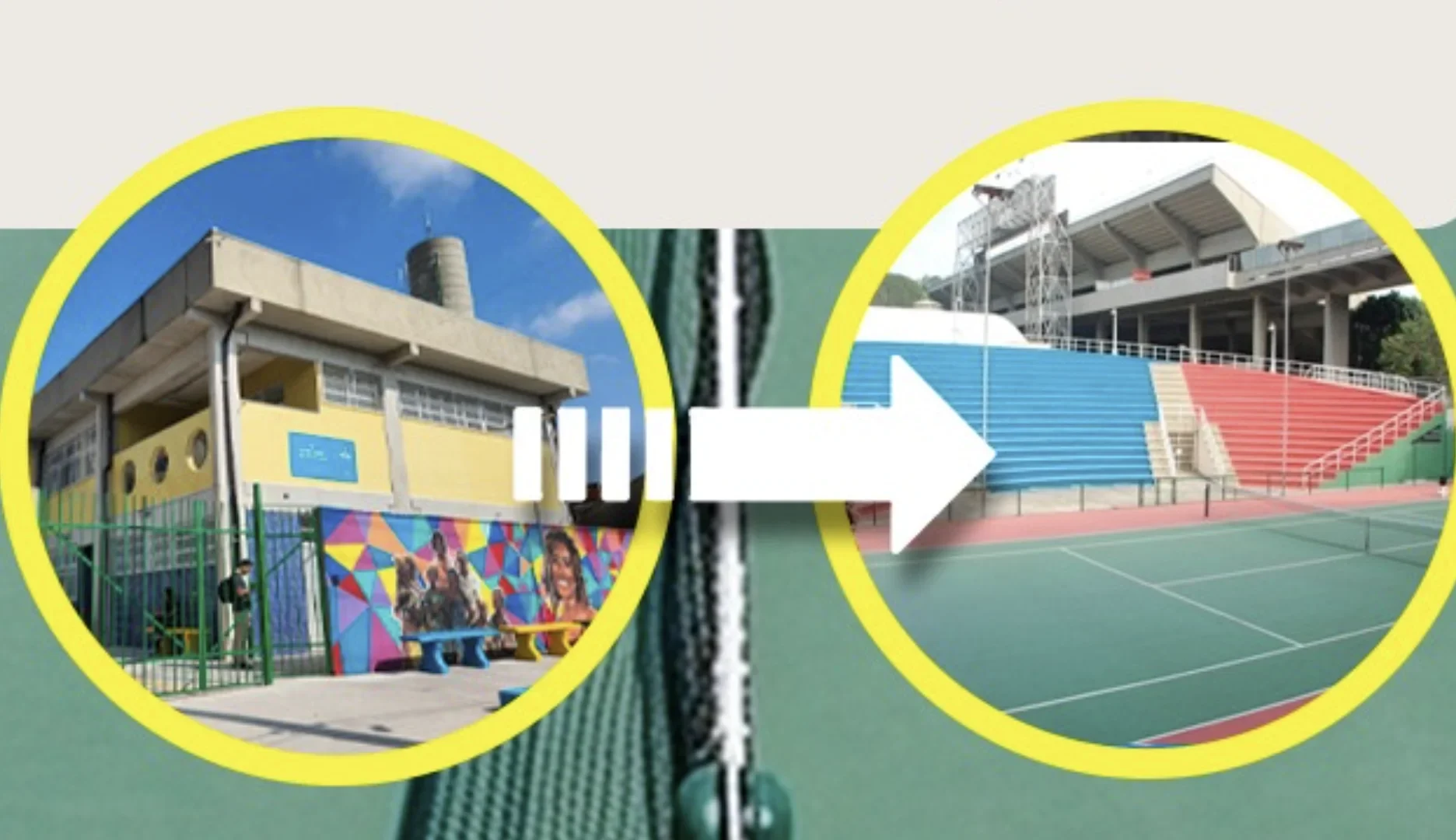 Montagem circular mostrando a fachada de um centro cultural colorido à esquerda e uma quadra de tênis com arquibancadas de cimento à direita, com uma grande seta branca apontando do primeiro para o segundo. No centro, há um detalhe de uma rede de tênis.