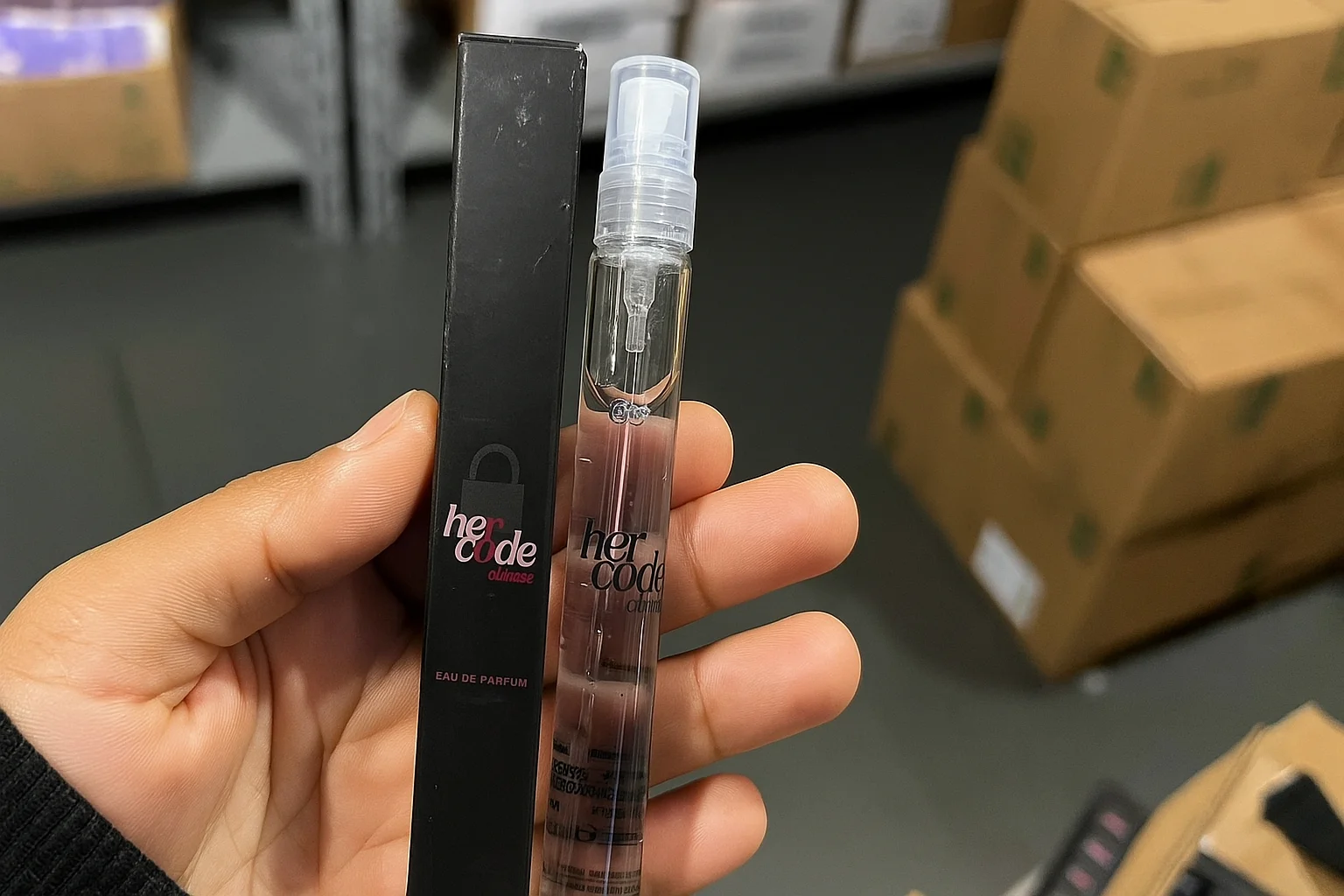 Uma mão segura uma amostra grátis do perfume Her Code Clímax, do Boticário. A amostra vem em um pequeno frasco de spray transparente ao lado de sua embalagem de papel preta e fina.