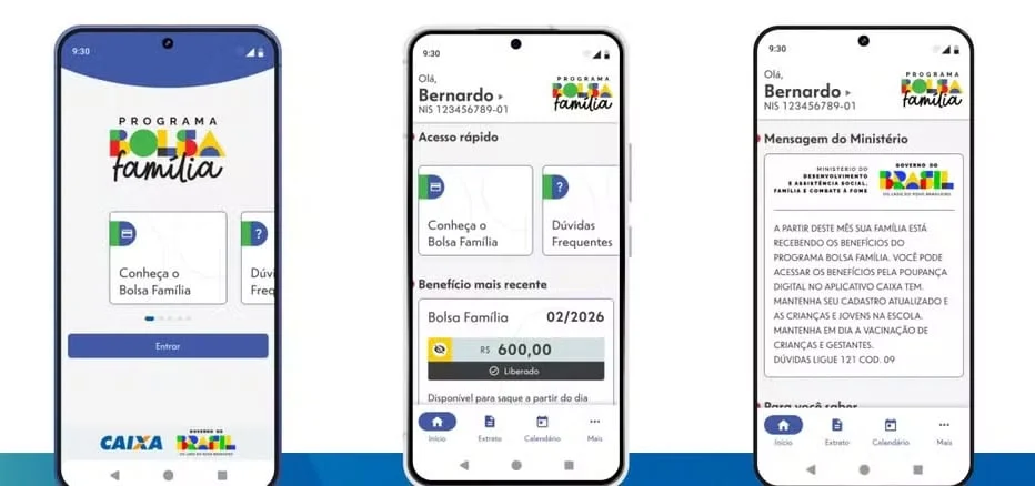 Três telas lado a lado mostrando a interface do aplicativo móvel do Programa Bolsa Família em um smartphone.