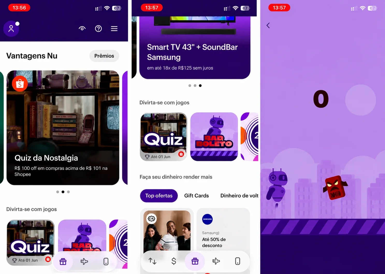 Três capturas de tela do aplicativo do Nubank mostrando a seção Vantagens Nu com mini games e ofertas