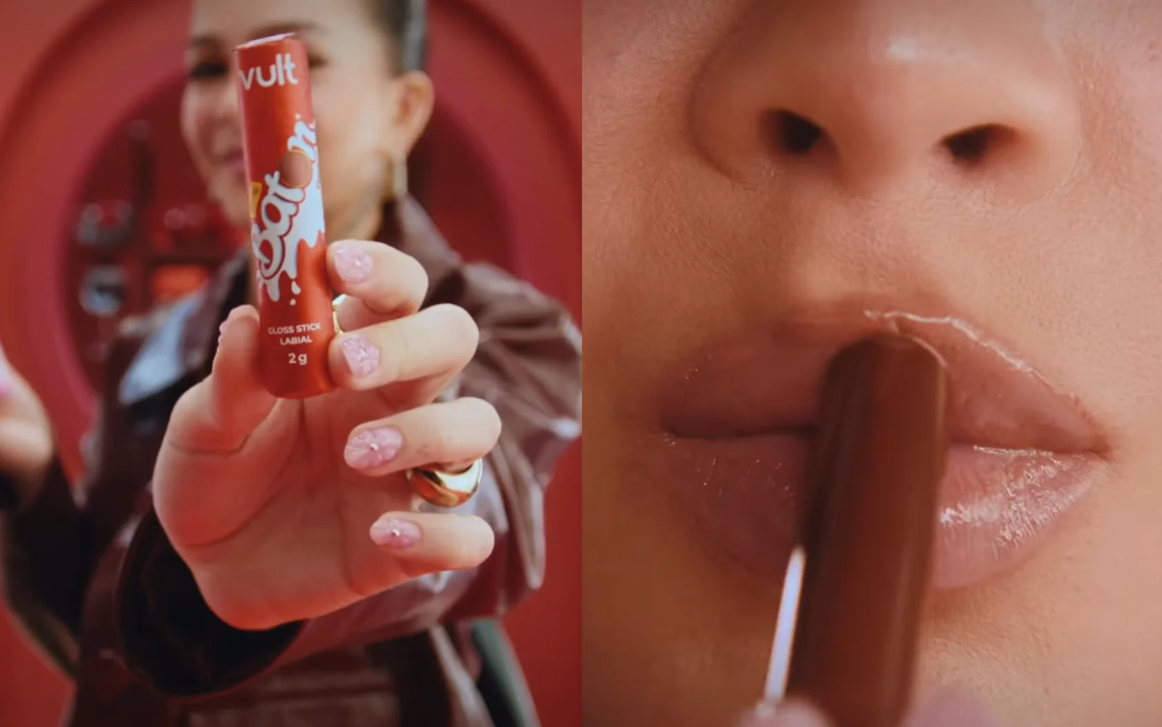Imagem dividida ao meio. Na esquerda, uma mão com unhas decoradas segura um gloss labial vermelho da Vult e Baton. Na direita, um close de lábios recebendo a aplicação do produto.