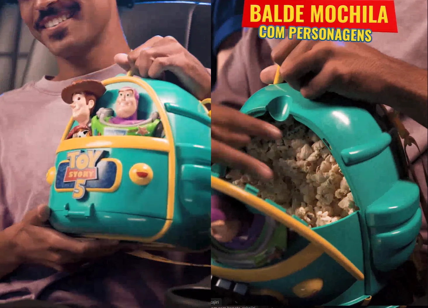 Montagem de duas fotos mostrando o balde de pipoca em formato de mochila de Toy Story 5 da Cinemark.