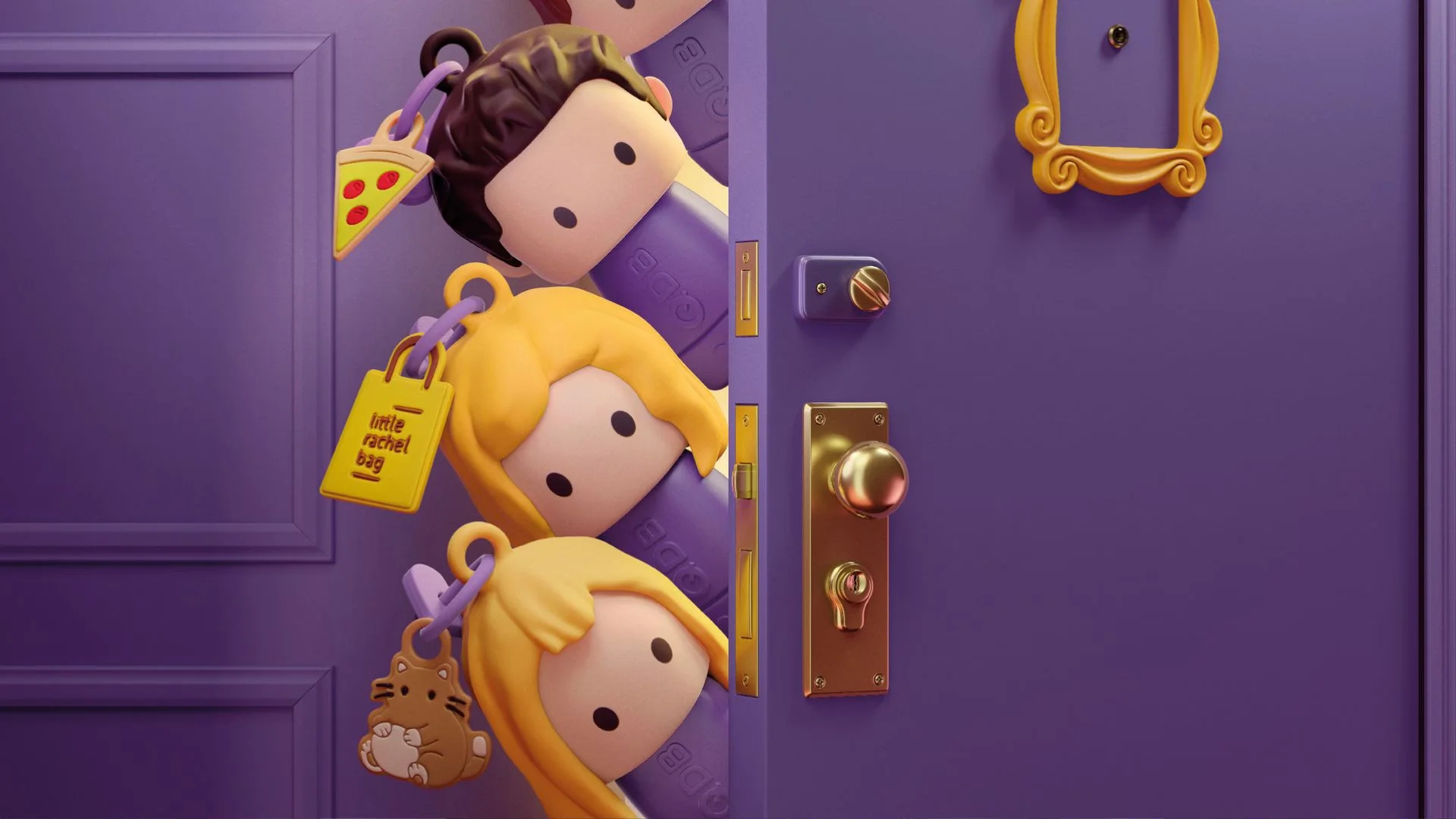 Três miniaturas de batom em formato de bonecos dos personagens de Friends espiando pela fresta da icônica porta roxa da série
