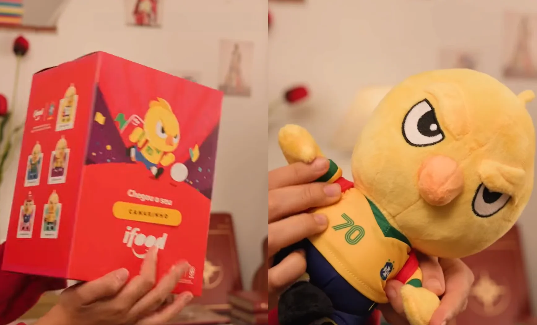 Duas fotos lado a lado mostrando a caixa vermelha da promoção iFood e a pelúcia do Canarinho de óculos franzidos vestindo a camisa amarela número 70 do Brasil.