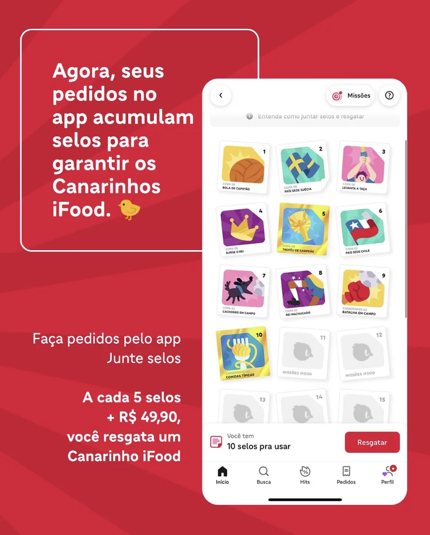 Banner promocional do iFood explicando as regras para conseguir a pelúcia, com o fundo vermelho e a tela de um celular mostrando o progresso da coleção de selos.