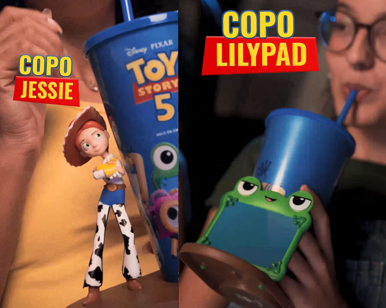 Lado a lado dos copos colecionáveis da Jessie e do personagem Lilypad da Cinemark.
