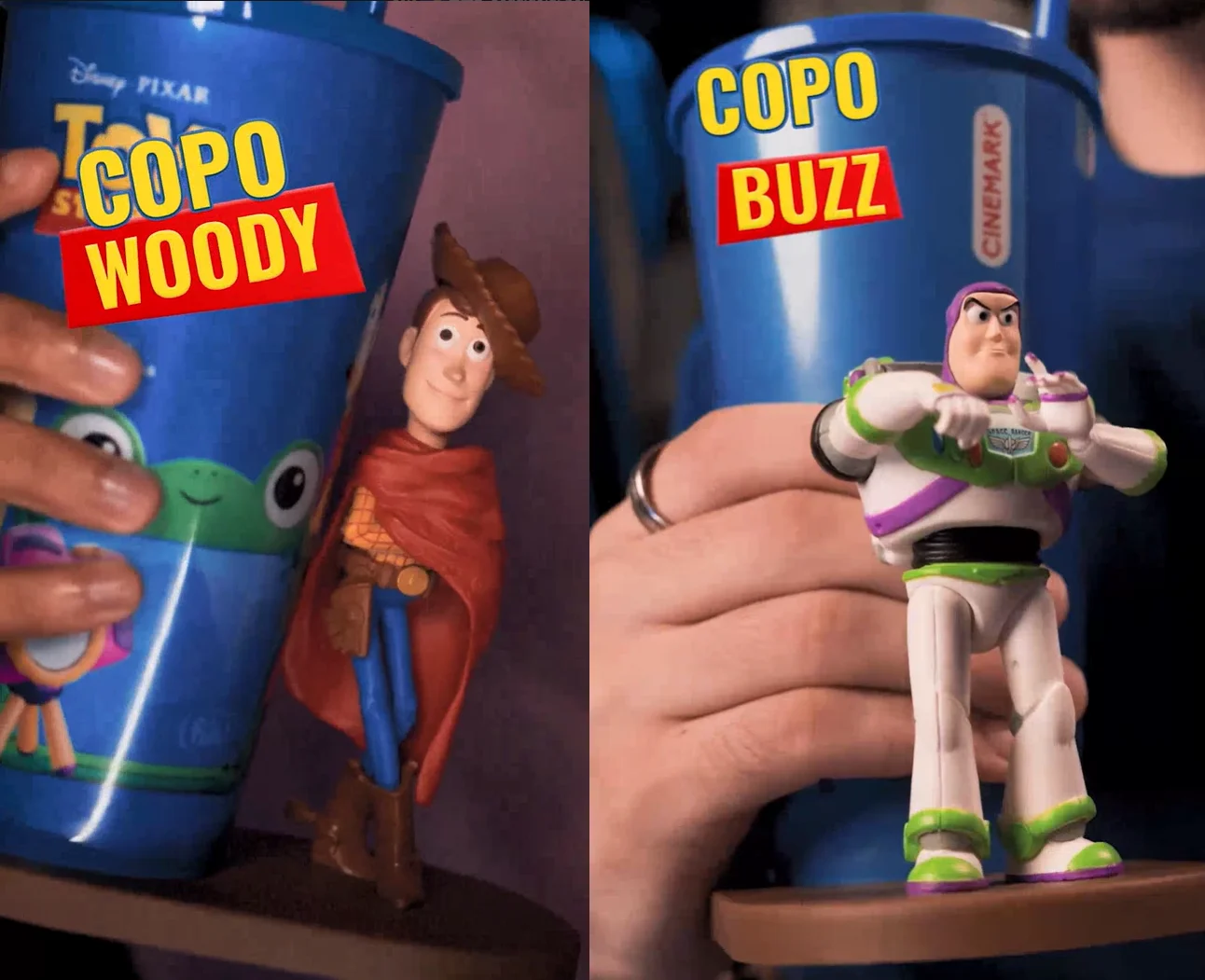 Lado a lado dos copos colecionáveis do Woody e do Buzz Lightyear da Cinemark.