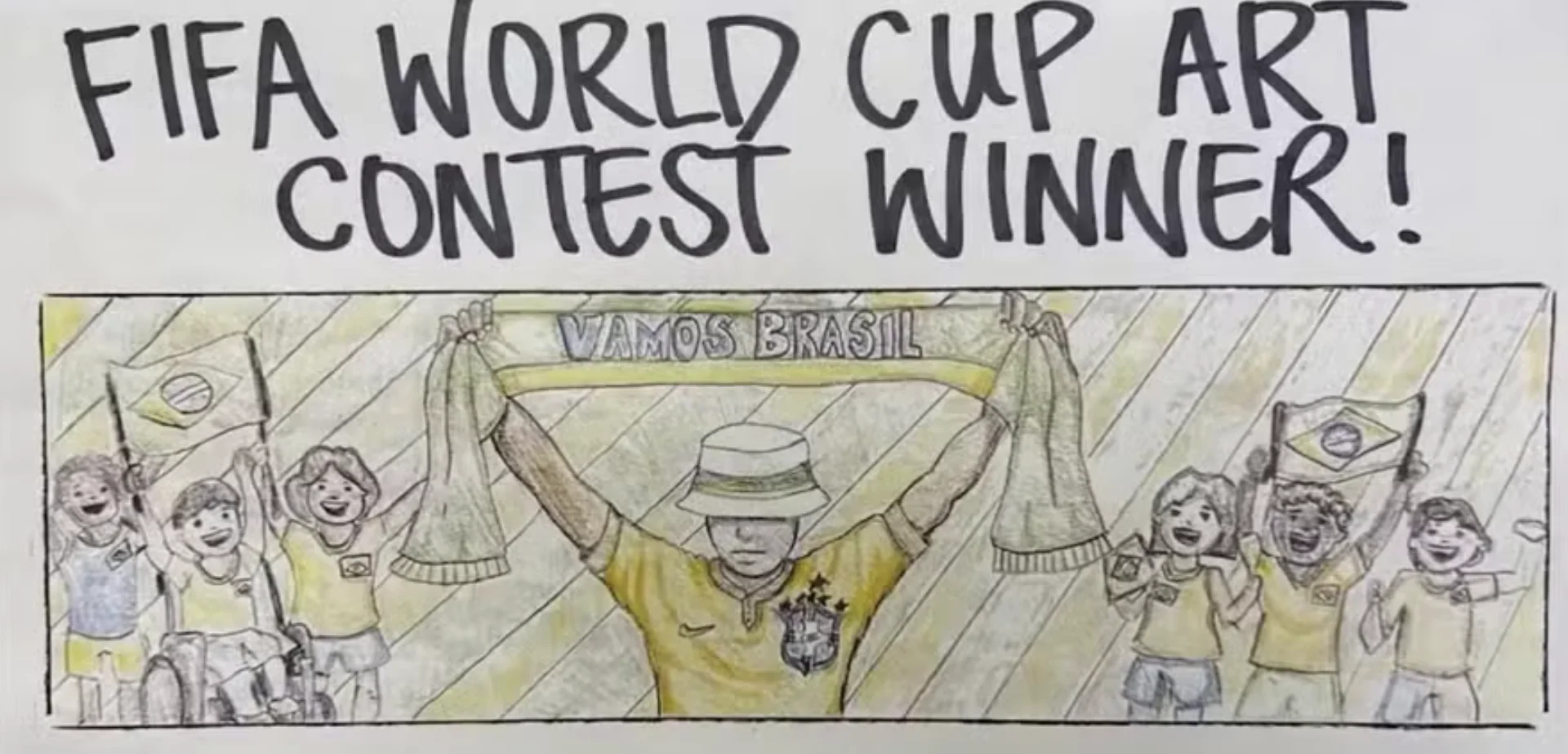 Desenho feito à mão por uma criança mostrando torcedores brasileiros celebrando.