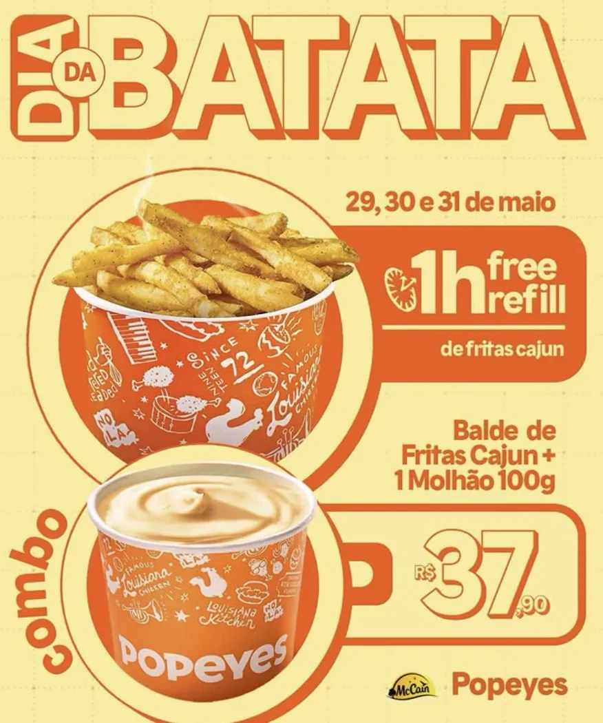 Cartaz promocional do Popeyes para o Dia da Batata, mostrando um balde de fritas cajun e um pote de molho grande pelo valor de R$ 37,90, com selo de 1 hora de refil grátis.