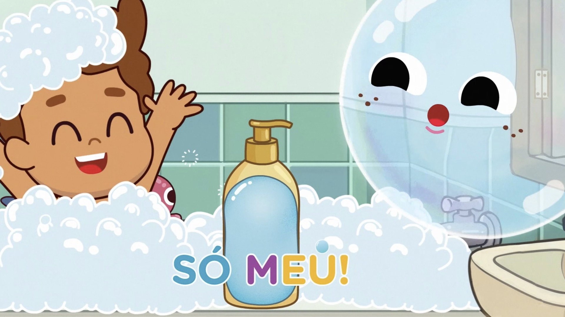 Ilustração infantil de um menino tomando banho de espuma ao lado de um frasco de sabonete e uma bolha de sabão com rosto.