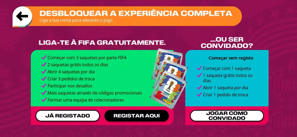 Infográfico comparativo da FIFA mostrando as vantagens de se registrar no aplicativo do álbum digital em relação ao modo convidado.