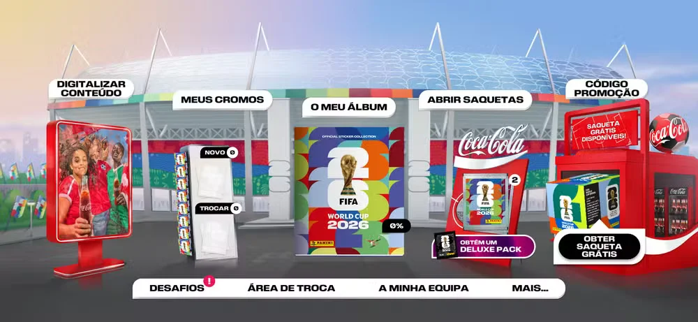 Captura de tela da interface principal do álbum digital da Copa 2026, destacando os menus de navegação e parcerias.