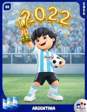 Um card colecionável da Panco para a Copa do Mundo de 2026, representando a Argentina. A imagem mostra um menino em desenho 3D, vestindo o uniforme azul e branco da seleção argentina (com o logo da Panco), segurando um troféu de ouro e uma bola de futebol. Acima dele, balões dourados formam o ano "2022". O fundo é um estádio lotado. Os cantos superiores mostram "03" e "2026". Na parte inferior, há uma bandeira da Argentina, o texto "ARGENTINA" e o logo da Panco.