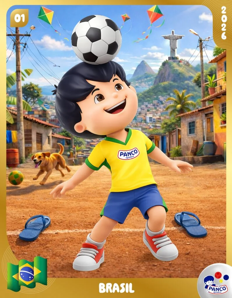Um card colecionável da Panco para a Copa do Mundo de 2026, representando o Brasil. A imagem mostra um menino em desenho 3D, vestindo a camisa amarela e calções azuis da seleção brasileira (com o logo da Panco), equilibrando uma bola de futebol na cabeça. Ele está em um campinho de terra batida em uma favela, com o Cristo Redentor e balões no fundo. Um cachorro corre com uma bola atrás dele. O canto superior mostra "01" e "2026". Na parte inferior, há uma bandeira do Brasil, o texto "BRASIL" e o logo da Panco.