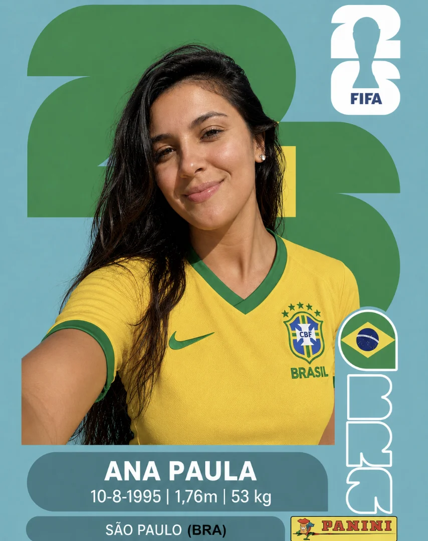 Arte digital de uma figurinha da Panini para a Copa 2026 com o rosto de uma mulher.
