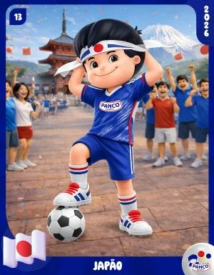 Um card colecionável da Panco para a Copa do Mundo de 2026, representando o Japão. A imagem mostra um menino em desenho 3D, vestindo o uniforme azul da seleção japonesa (com o logo da Panco) e uma faixa hachimaki na testa com o sol nascente. Ele está com um pé sobre uma bola de futebol em uma praça de pedra, com um templo japonês e o Monte Fuji ao fundo. Pessoas em trajes japoneses assistem. O canto superior mostra "13" e "2026". Na parte inferior, há uma bandeira do Japão, o texto "JAPÃO" e o logo da Panco.