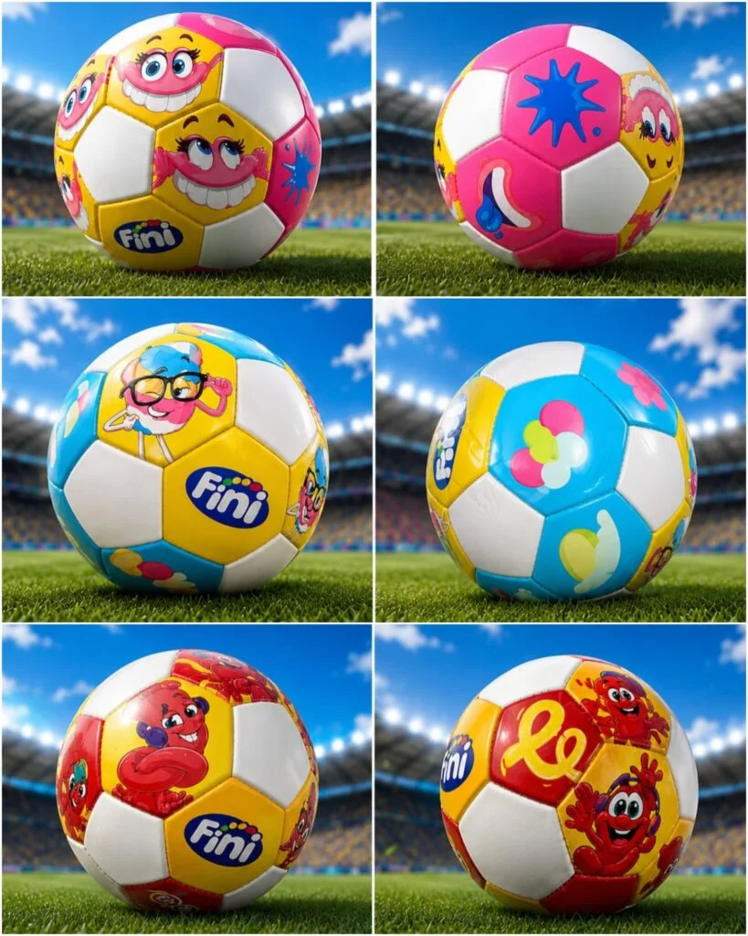 Colagem de seis fotos mostrando a frente e o verso dos três modelos de bolas da Fini no gramado de um estádio. A primeira linha mostra a bola rosa e branca da personagem Dentadura; a segunda mostra a bola azul e amarela do Marshmallow; a terceira mostra a bola vermelha e amarela do Tubes.