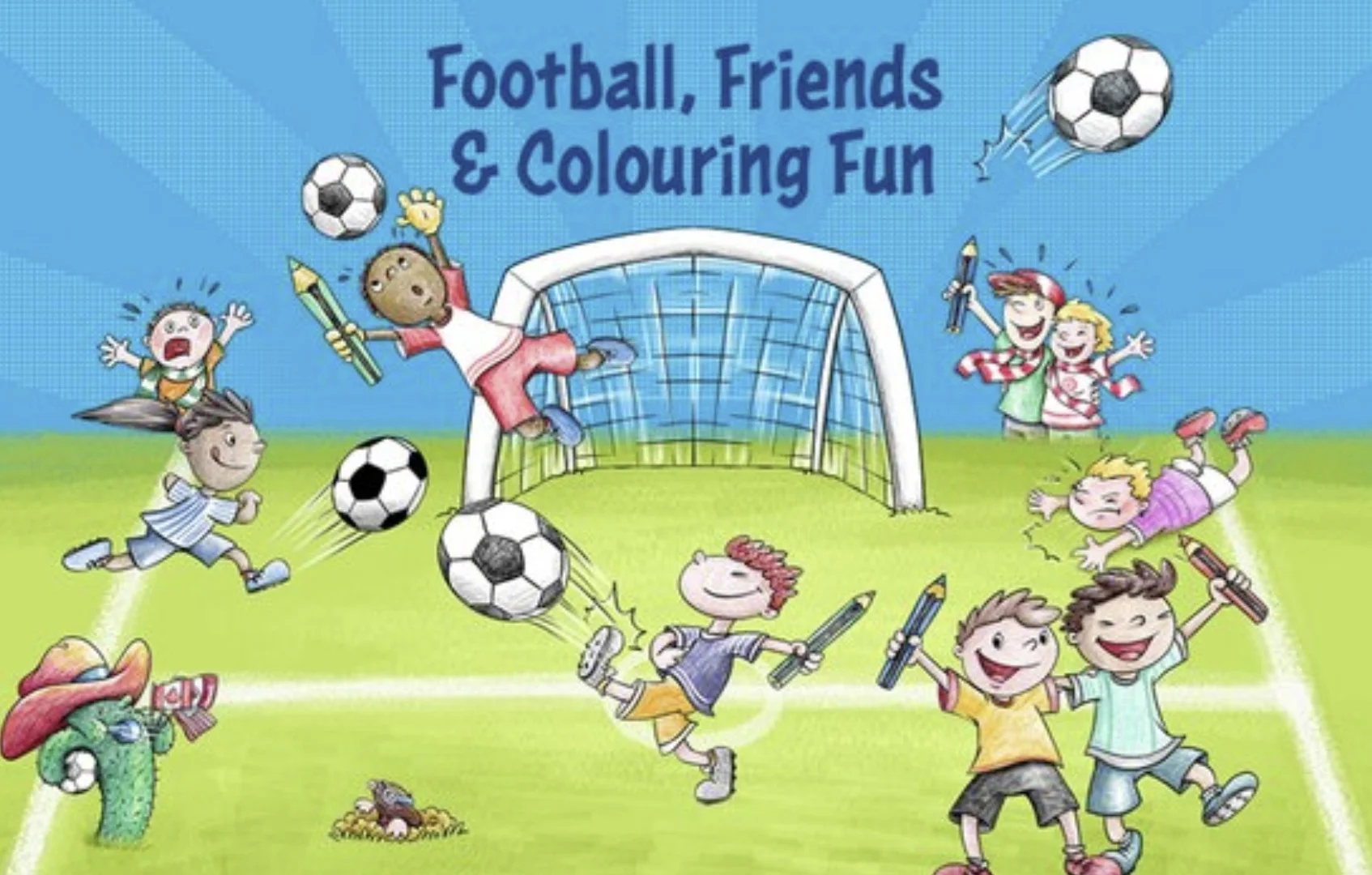 Ilustração infantil com várias crianças jogando futebol em um campo gramado enquanto seguram lápis de cor gigantes. Ao fundo, há uma trave de gol e o título em inglês "Football, Friends & Colouring Fun".