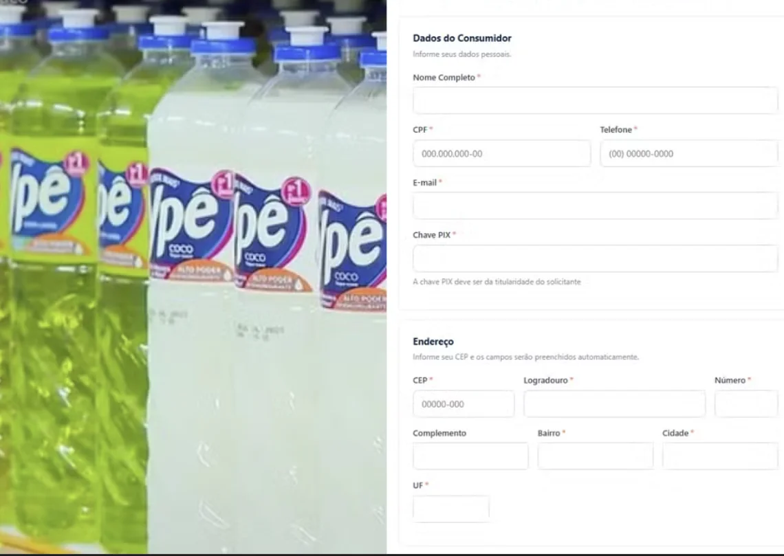 Captura de tela de um formulário digital de cadastro ao lado de garrafas de detergente Ypê.