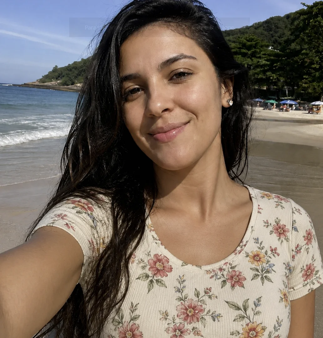 Selfie de uma mulher sorrindo em uma praia tropical sob a luz do sol.