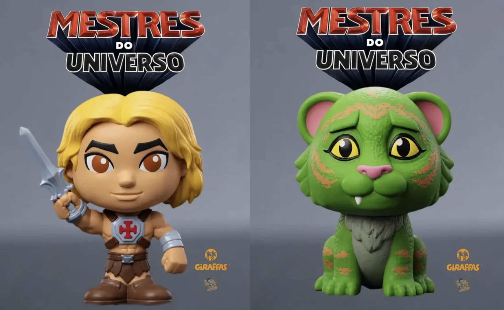 Lado a lado, bonecos estilizados do He-Man segurando sua espada e o tigre Pacato.