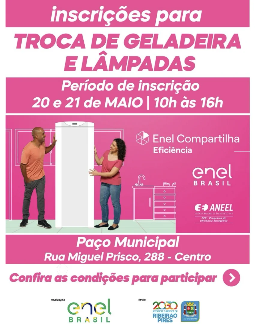 Banner digital rosa e branco com o título "Inscrições para troca de geladeira e lâmpadas". Contém informações de data (20 e 21 de maio), local (Paço Municipal de Ribeirão Pires) e logos da Enel e ANEEL.