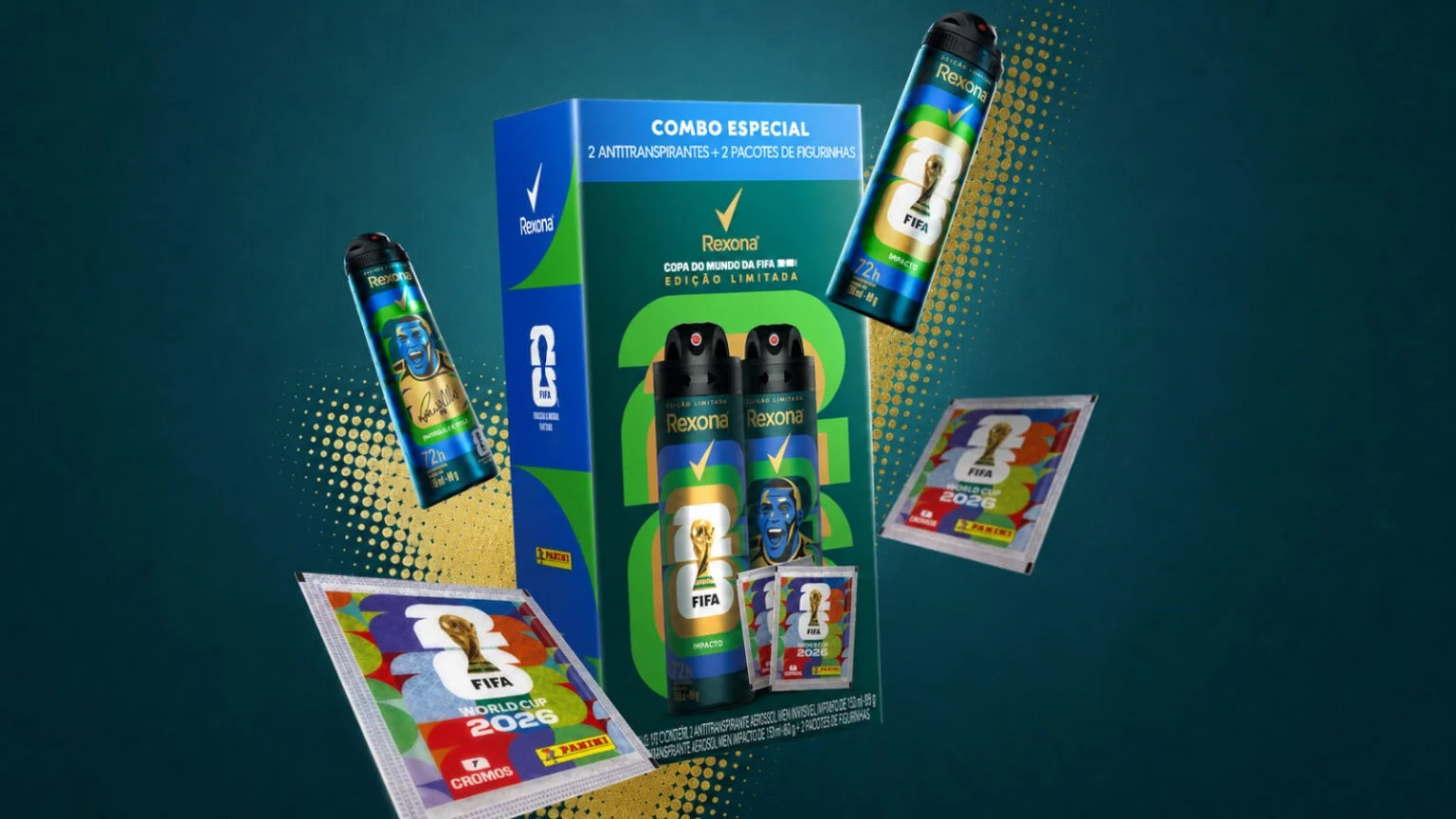 Embalagem de "Combo Especial" da Rexona com dois desodorantes e dois pacotes de figurinhas da Copa do Mundo FIFA 2026.
