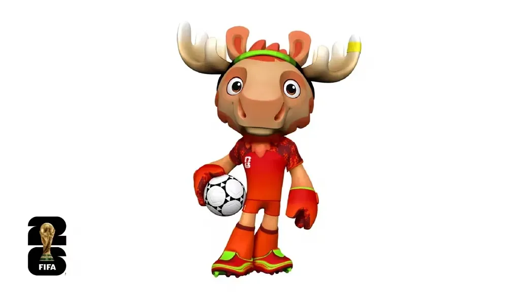 Ilustração em fundo branco do mascote canadense da Copa de 2026, um alce sorridente vestindo uniforme vermelho.