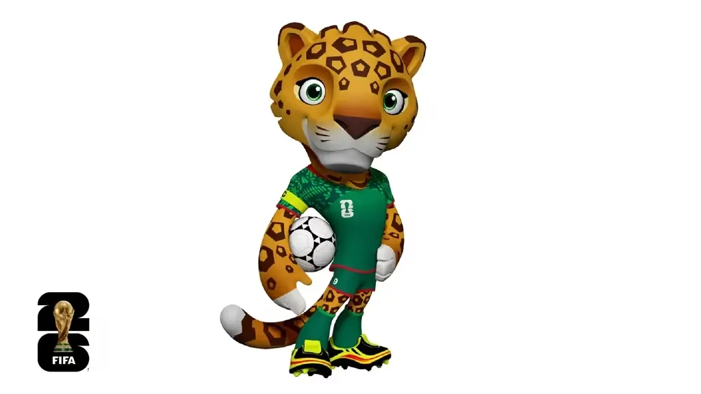 Ilustração em fundo branco do mascote mexicano da Copa de 2026, uma onça-pintada vestindo uniforme verde.