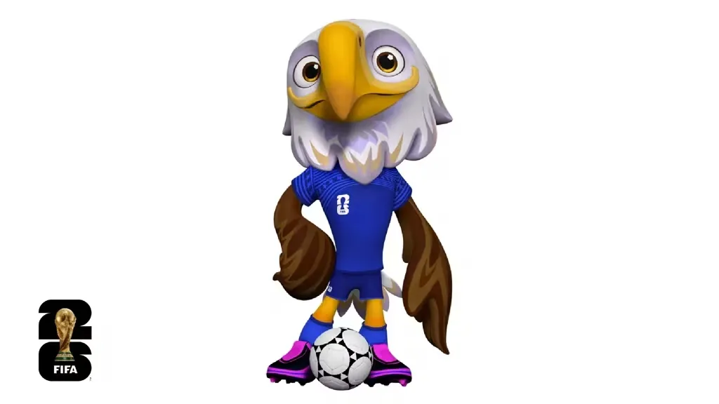 Ilustração em fundo branco do mascote estadunidense da Copa de 2026, uma águia-careca vestindo uniforme azul.
