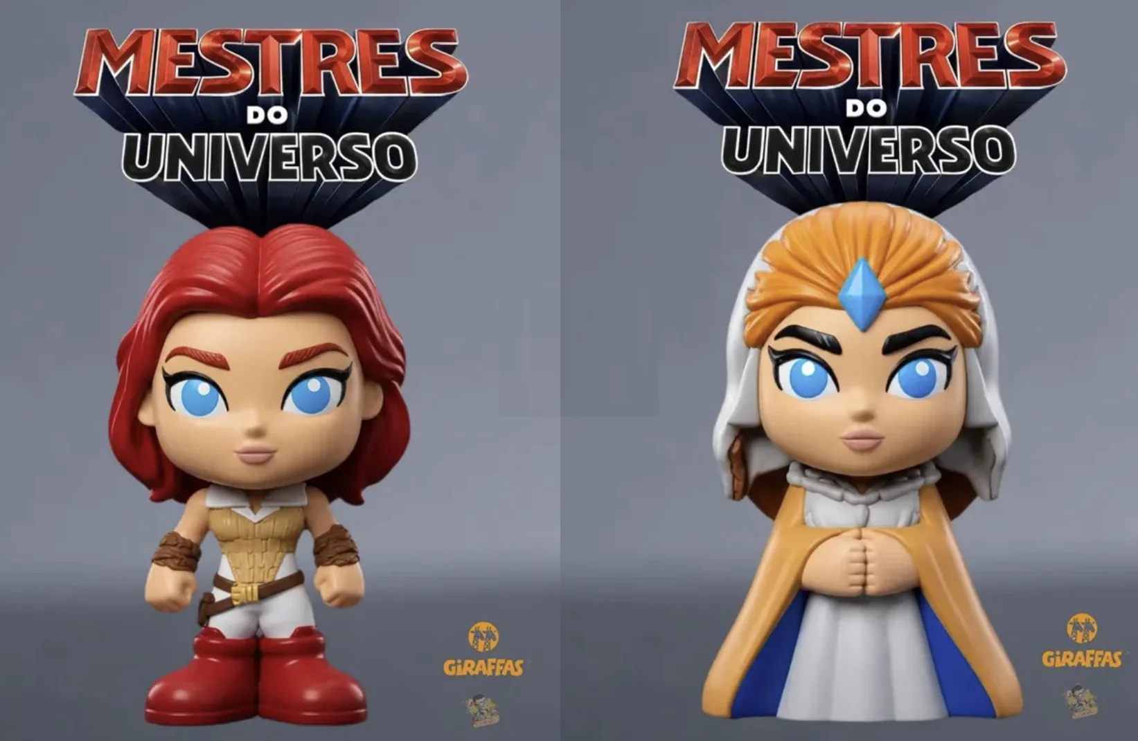 Lado a lado, as personagens femininas Teela, com cabelos ruivos, e a Feiticeira com seu manto de águia.