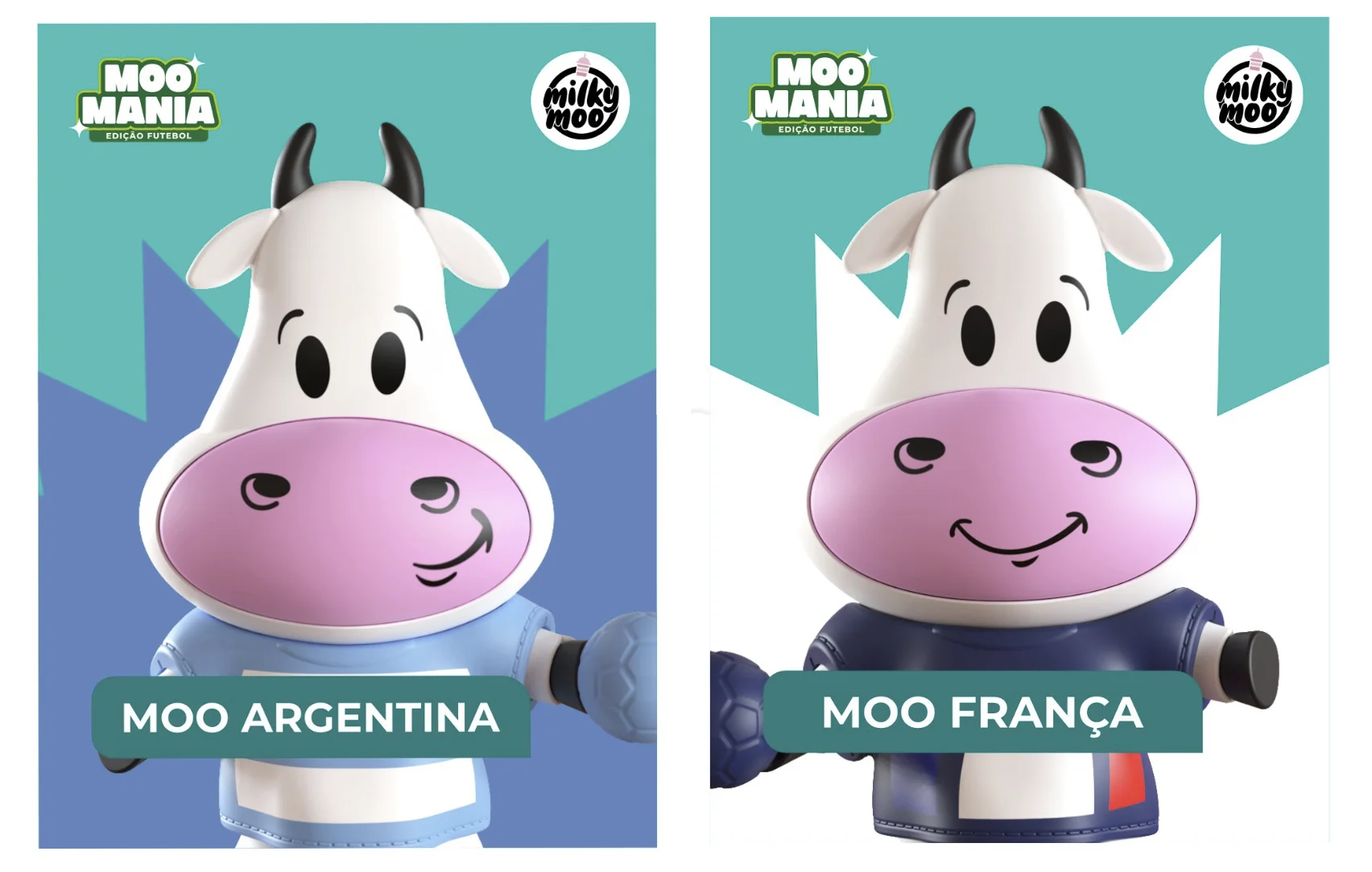 Close-up de dois bonecos colecionáveis Moo Mania lado a lado. À esquerda, a "Moo Argentina", com um uniforme listrado azul claro e branco e uma pose sorridente. À direita, a "Moo França", com um uniforme azul escuro e uma pose sorridente. Ambos os bonecos têm olhos de botão e chifres pretos.