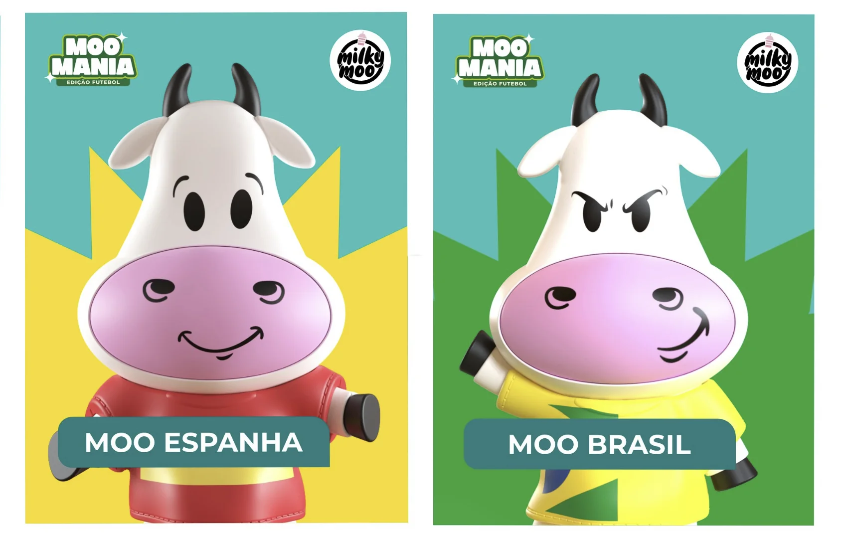 Close-up de dois bonecos colecionáveis Moo Mania lado a lado. À esquerda, a "Moo Espanha", com um uniforme vermelho vibrante e uma expressão amigável. À direita, a "Moo Brasil", com o icônico uniforme amarelo e verde, uma pose dinâmica com um chifre levantado e uma expressão alegre.