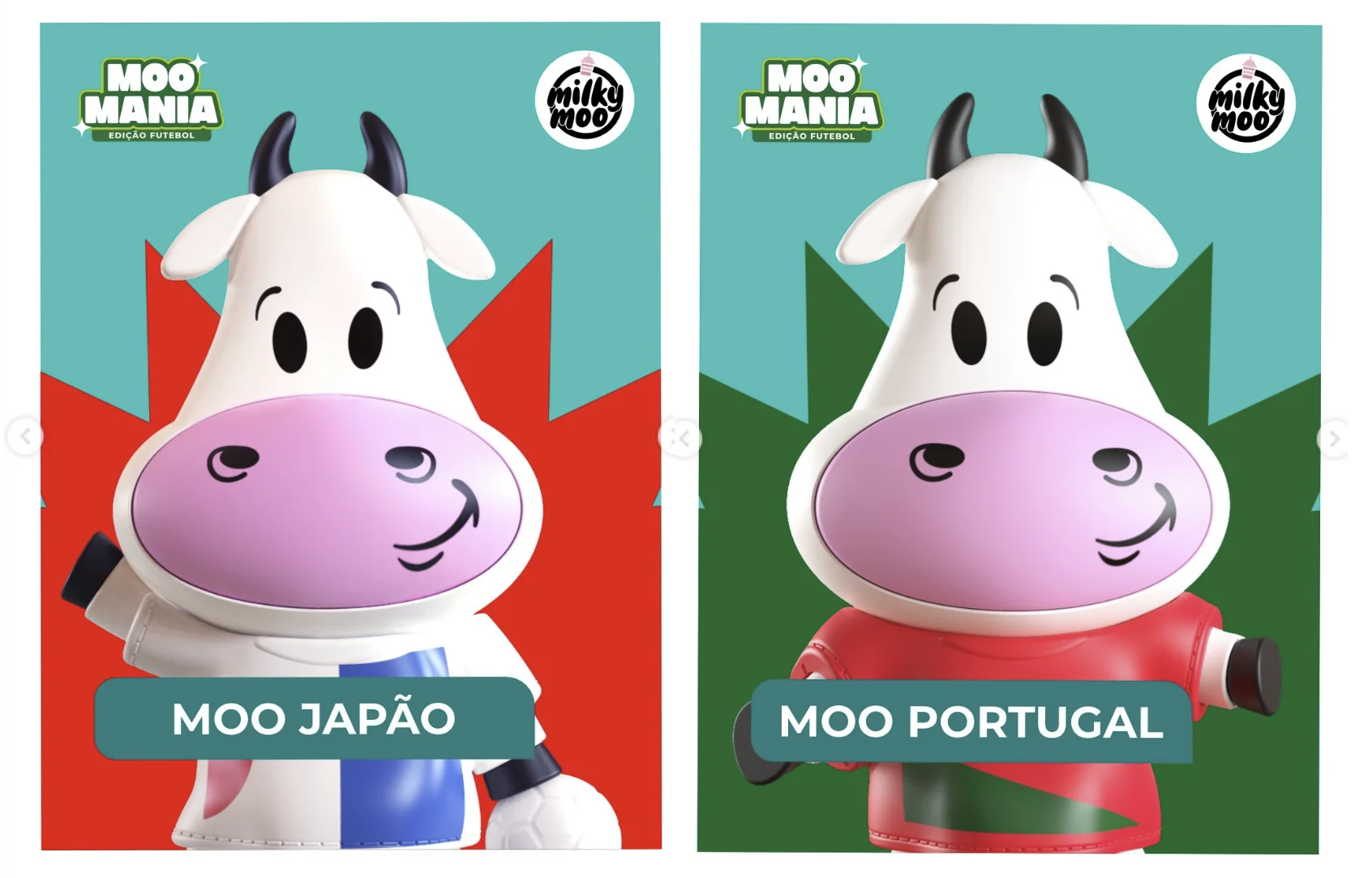 Close-up de dois bonecos colecionáveis Moo Mania lado a lado. À esquerda, a "Moo Japão", com um uniforme branco e detalhes em azul e vermelho, segurando uma pequena bola de futebol. À direita, a "Moo Portugal", com um uniforme vermelho e verde e uma expressão alegre.