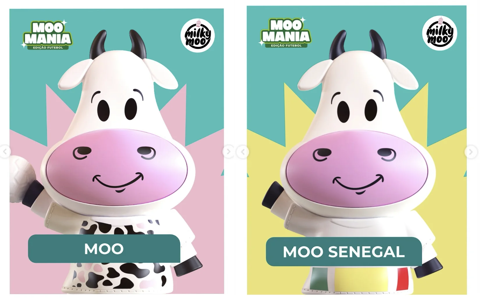Close-up de dois bonecos colecionáveis Moo Mania lado a lado. À esquerda, o boneco padrão "Moo", com as manchas pretas e brancas originais da Milky Moo. À direita, o boneco "Moo Senegal", com um uniforme branco e detalhes em verde, amarelo e vermelho, segurando uma pequena bola de futebol.