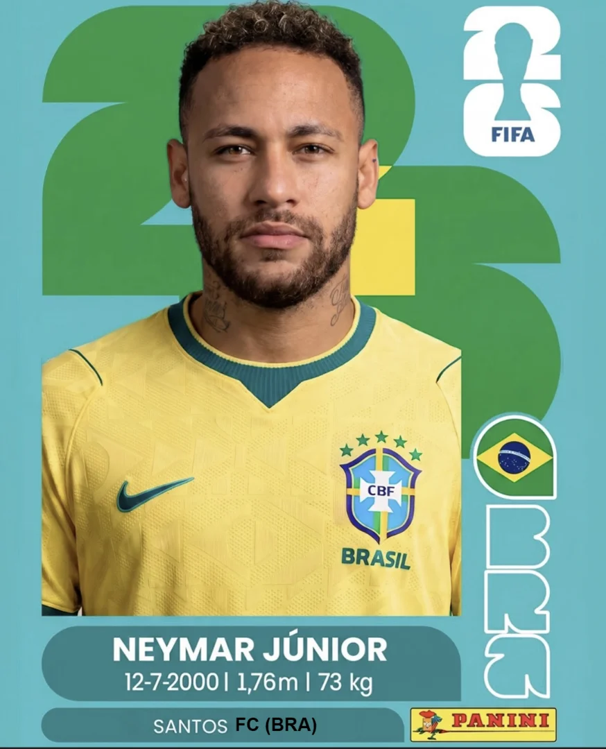 Figurinha da Panini gerada por IA do jogador Neymar Jr. para a Copa de 2026.