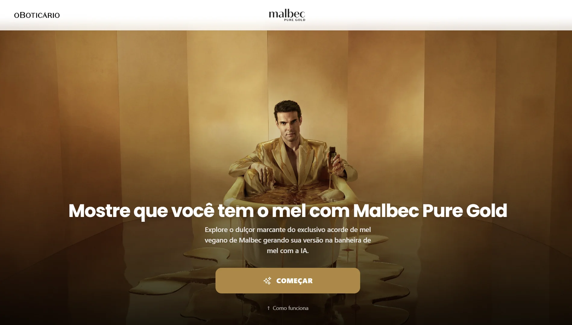 Captura de tela do site de O Boticário para a campanha Malbec Pure Gold. No centro, a imagem gerada por IA de um homem de terno dourado sentado em uma banheira cheia de mel. O texto diz: "Mostre que você tem o mel com Malbec Pure Gold".