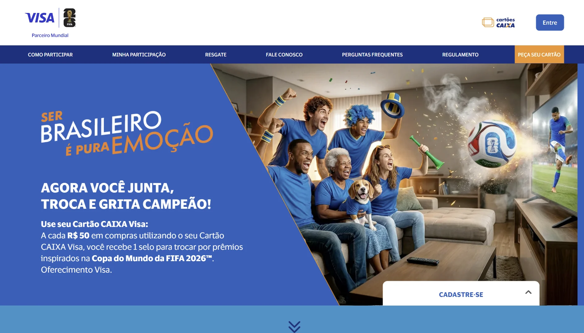 Captura de tela da página promocional da campanha "Ser Brasileiro é Pura Emoção" da Visa e Cartões CAIXA para a Copa do Mundo da FIFA 2026.