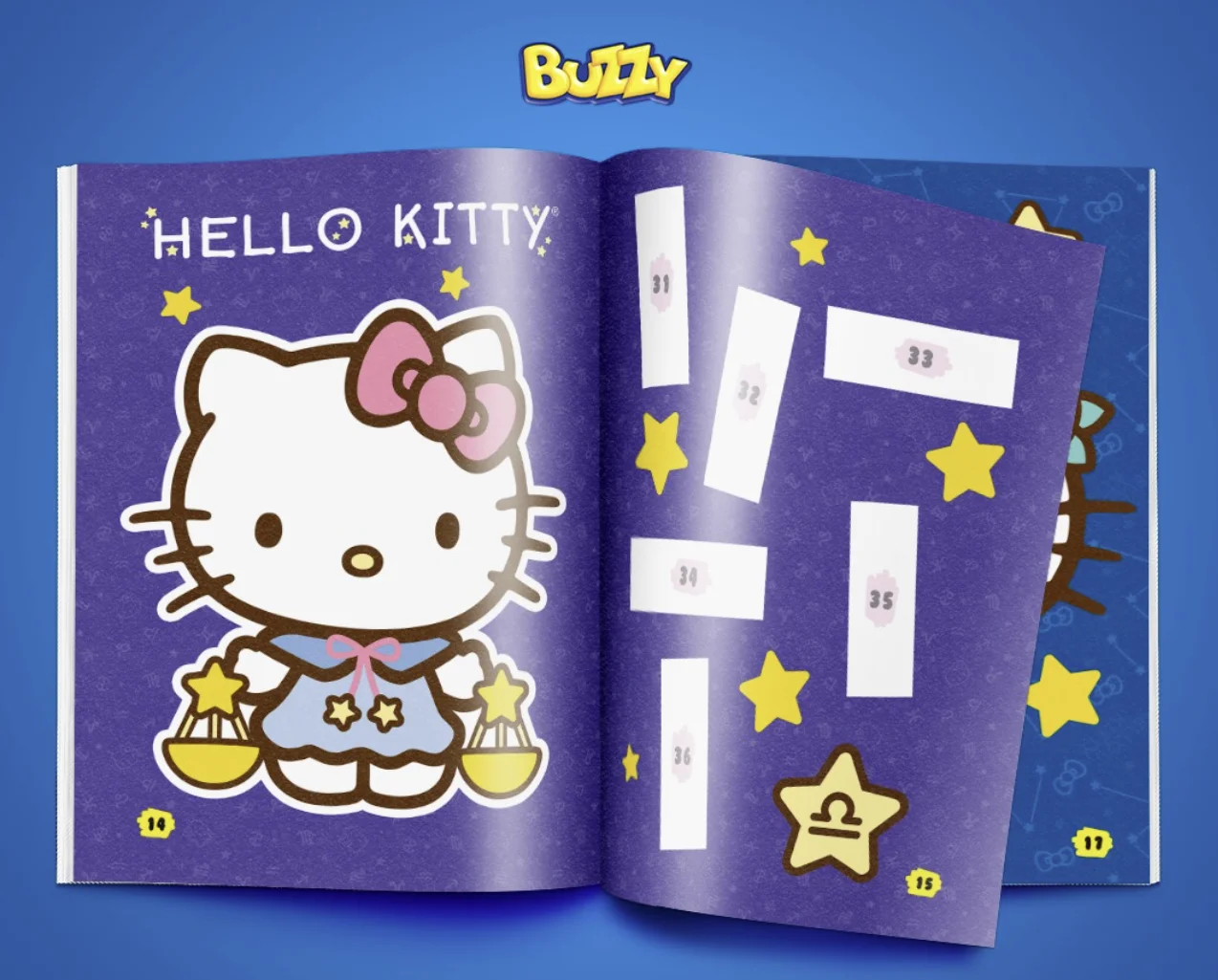 Álbum da Buzzy aberto em páginas azuis-escuras com estampa de constelações, destacando a Hello Kitty vestida com o signo de Libra e espaços numerados para figurinhas.