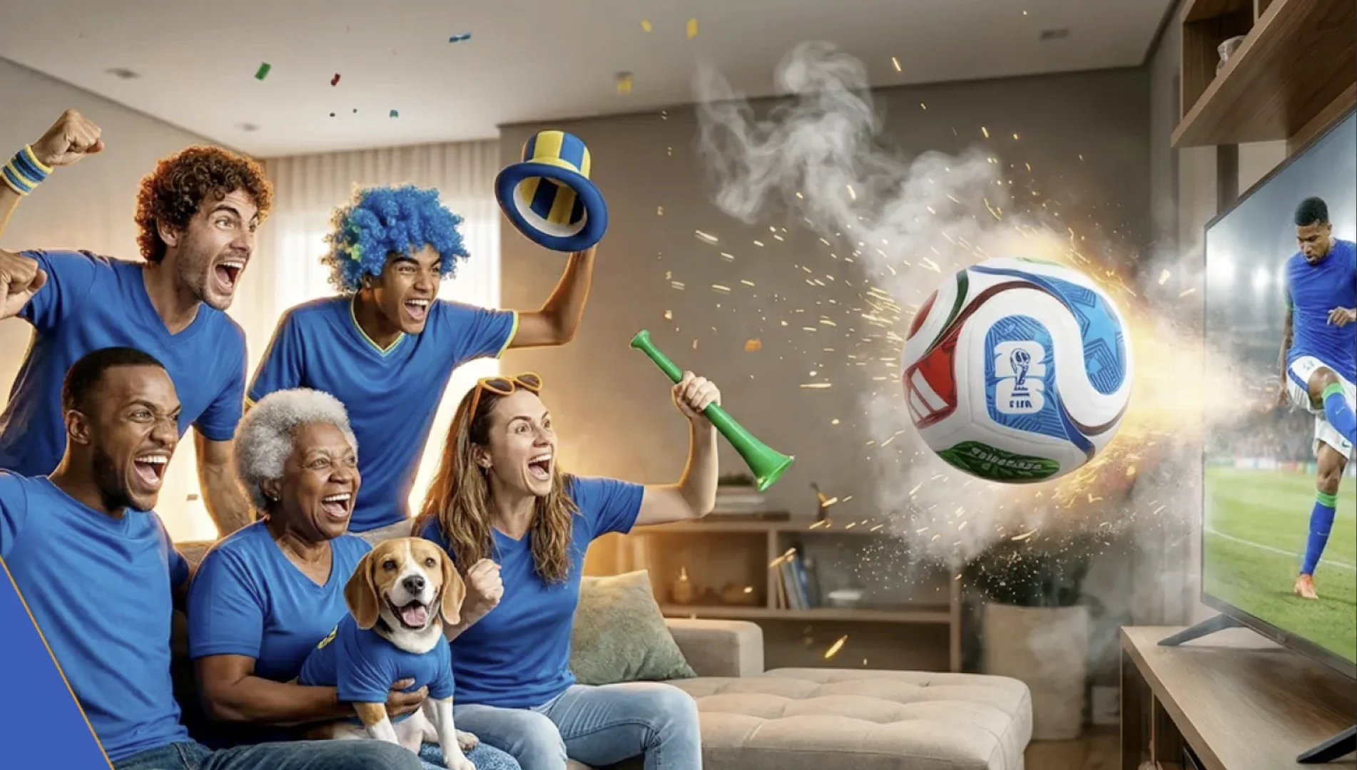 Família reunida na sala de estar comemorando com entusiasmo um gol enquanto assiste ao futebol na televisão.