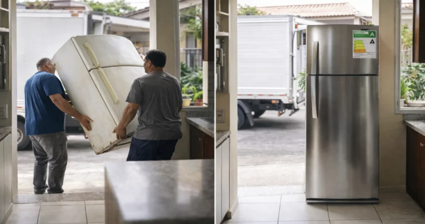 Imagem dividida ao meio. Na esquerda, dois homens carregam uma geladeira branca antiga para fora de uma casa em direção a um caminhão. Na direita, uma nova geladeira de inox com selo de eficiência energética Procel "A" aparece instalada na cozinha.