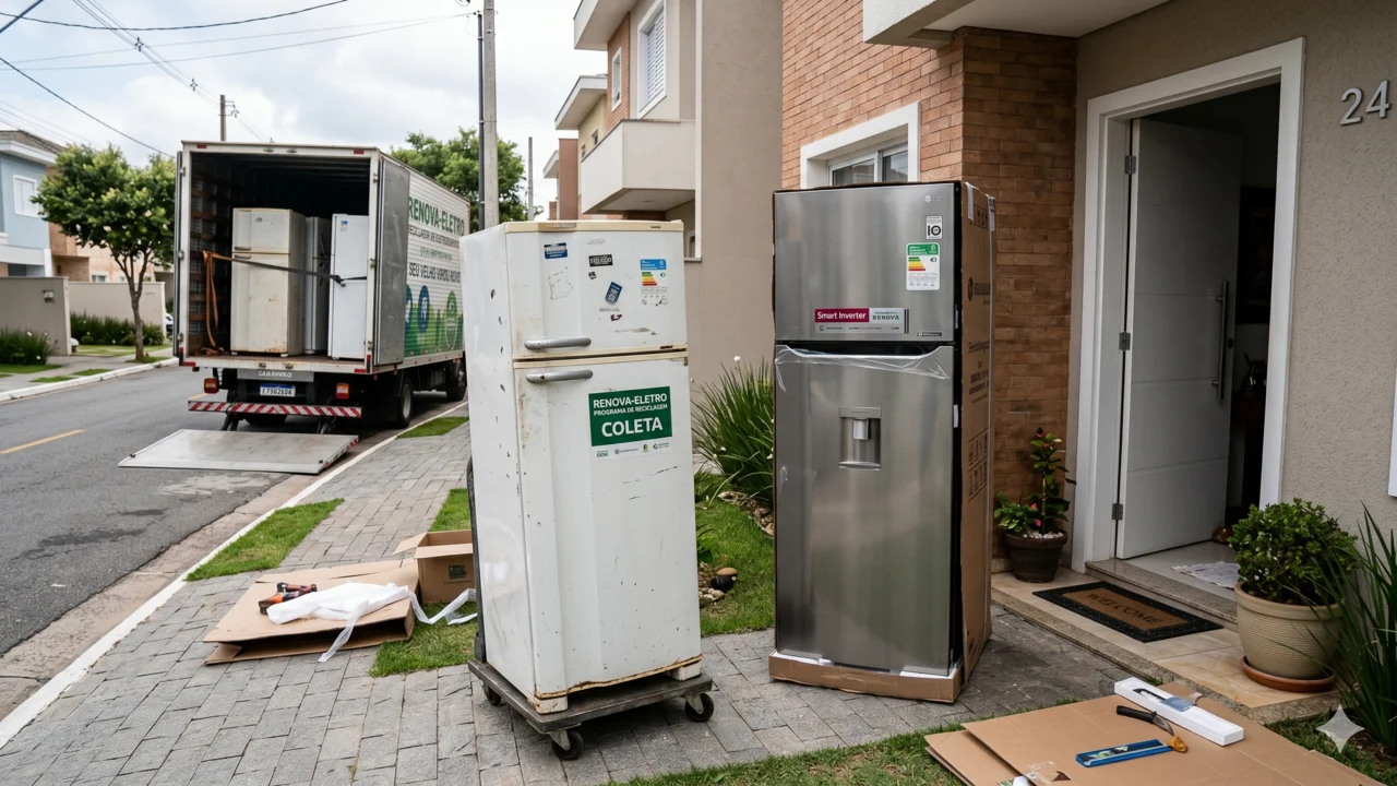 Uma geladeira antiga e desgastada ao lado de uma geladeira nova em aço inoxidável na calçada em frente a uma casa. Ao fundo, um caminhão de reciclagem aberto aguarda para a coleta