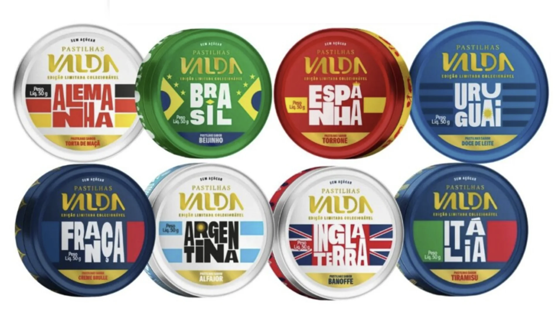 Grade de 2x4 exibindo oito latas colecionáveis de Pastilhas Valda sem açúcar. As latas são coloridas de acordo com as bandeiras de Alemanha, Brasil, Espanha, Uruguai, França, Argentina, Inglaterra e Itália.