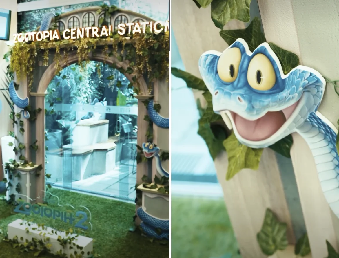 Imagem dividida ao meio exibindo o portal "Zootopia Central Station" à esquerda e um detalhe aproximado de um recorte de cobra azul sorridente à direita.