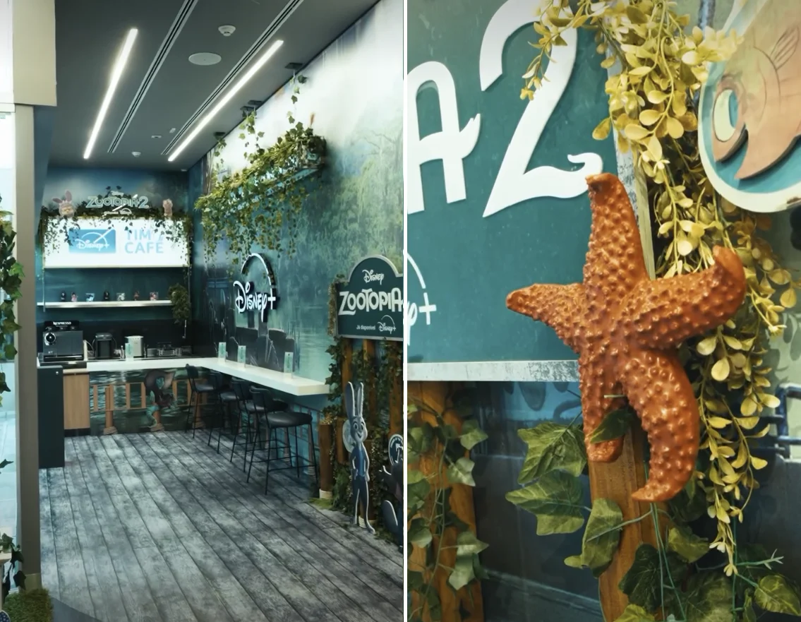 Imagem dividida ao meio mostrando o corredor temático do "TIM Café" à esquerda e um detalhe em close-up de uma estrela-do-mar decorativa à direita.