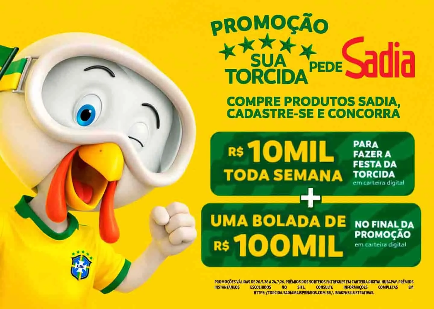 Banner da promoção “Sua Torcida Pede Sadia” com mascote vestido com uniforme da Seleção Brasileira e destaque para prêmios de R$ 10 mil semanais e R$ 100 mil no final da campanha.